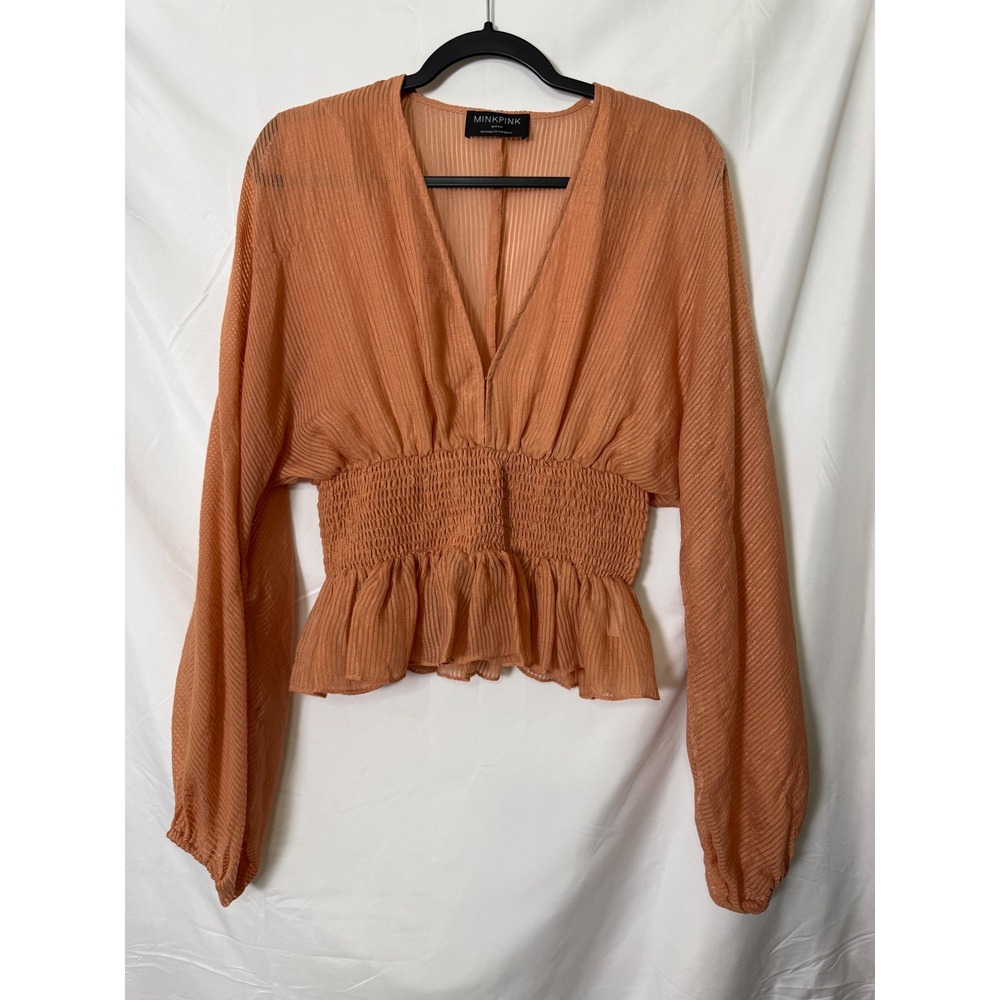 Minkpink Terracotta Orange Sheer Striped Smocked Peplum V-Neck Blouse Medium